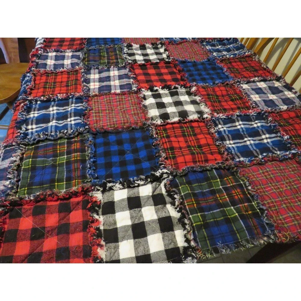 Flannel Rag Quilt With Batting, 50x64,Red, Blue, Black Plaid